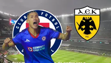 Antuna celebrando gol, logo de Cruz Azul y el AEK de Atenas/La Máquina Celeste