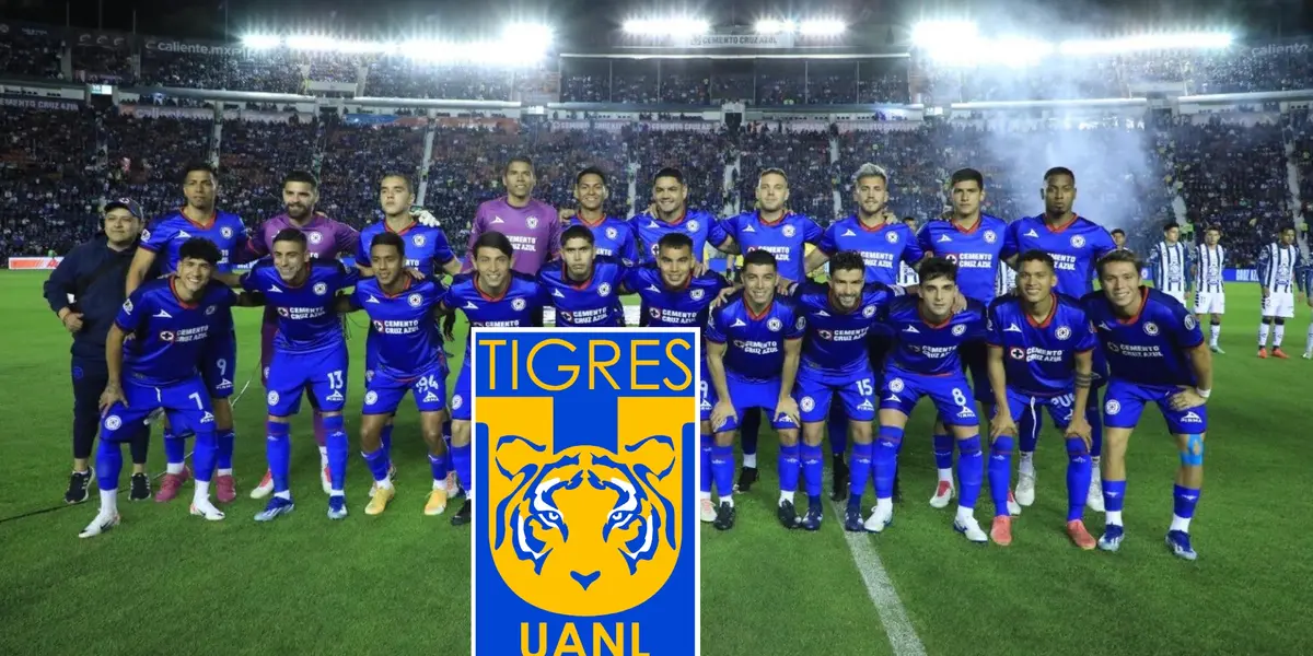 Cruz Azul equipo junto al escudo de Tigres/La Máquina Celeste
