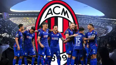 Equipo de Cruz Azul con el logo del Milán detrás/La Máquina Celeste