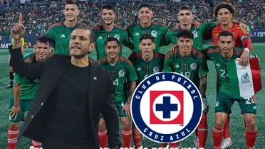 Jaime Lozano con el equipo mexicano y logo de Cruz Azul/La Máquina Celeste