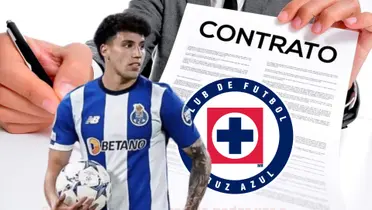 Jorge Sánchez con contrato de fondo y el escudo de Cruz Azul