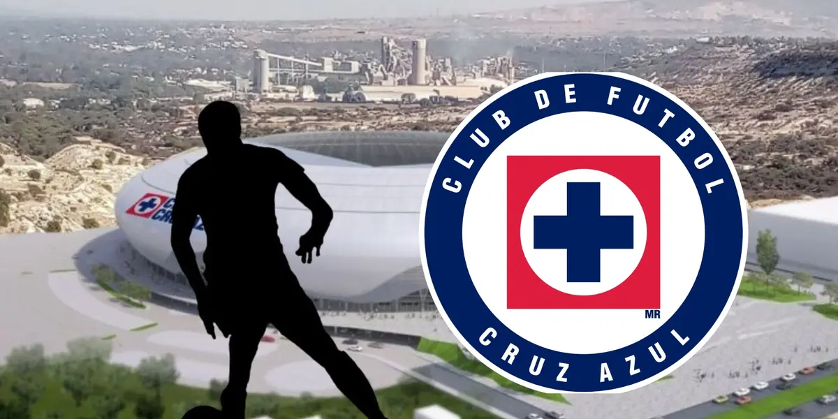 Jugador oculto con el escudo de Cruz Azul y el nuevo estadio cementero/La Máquina Celeste