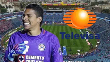 Kevin Mier en el Estadio Azul y el logo de Televisa