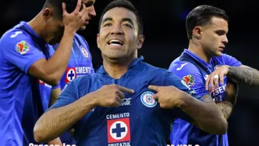 Marco Fabián celebrando gol y Cruz Azul detrás, con la cabeza baja/La Máquina Celeste