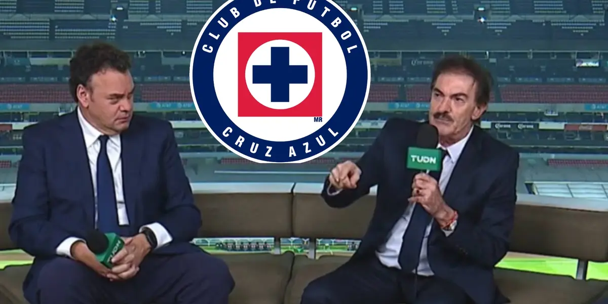 Ricardo LaVolpe hablando con David Faitelson y el escudo de Cruz Azul