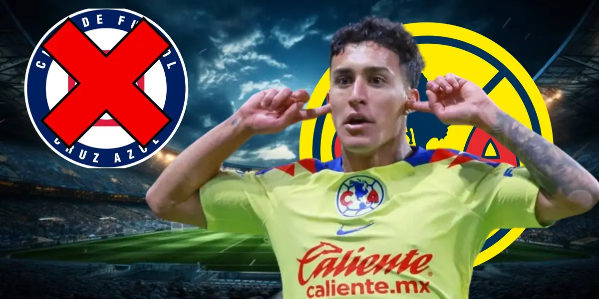 Zendejas, escudo de Cruz Azul tachado y logo del América/La Máquina Celeste