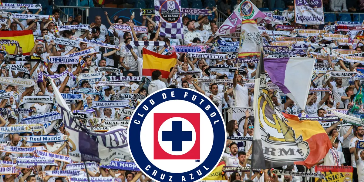 Afición del Real Madrid celebrando, escudo de Cruz Azul/FOTO La Máquina Celeste