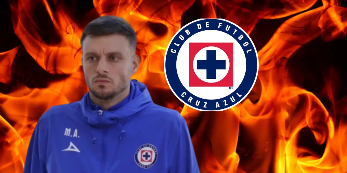 Anselmi con el logo de Cruz Azul y fondo de fuego/La Máquina Celeste