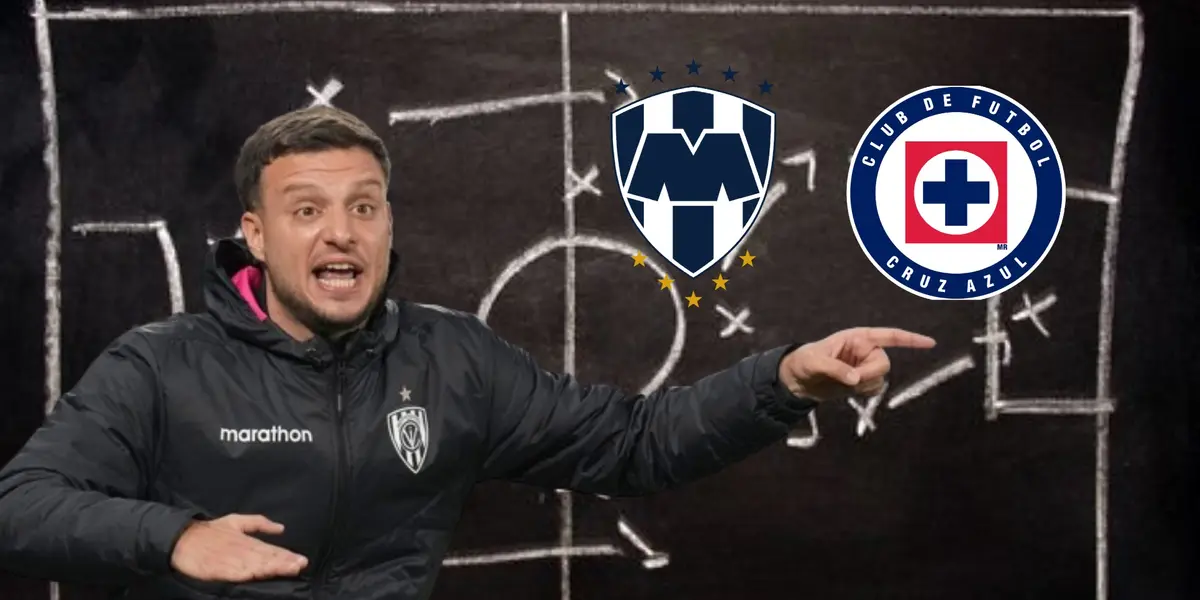 Anselmi de fondo una pizarra táctica, logos de Monterrey y Cruz Azu