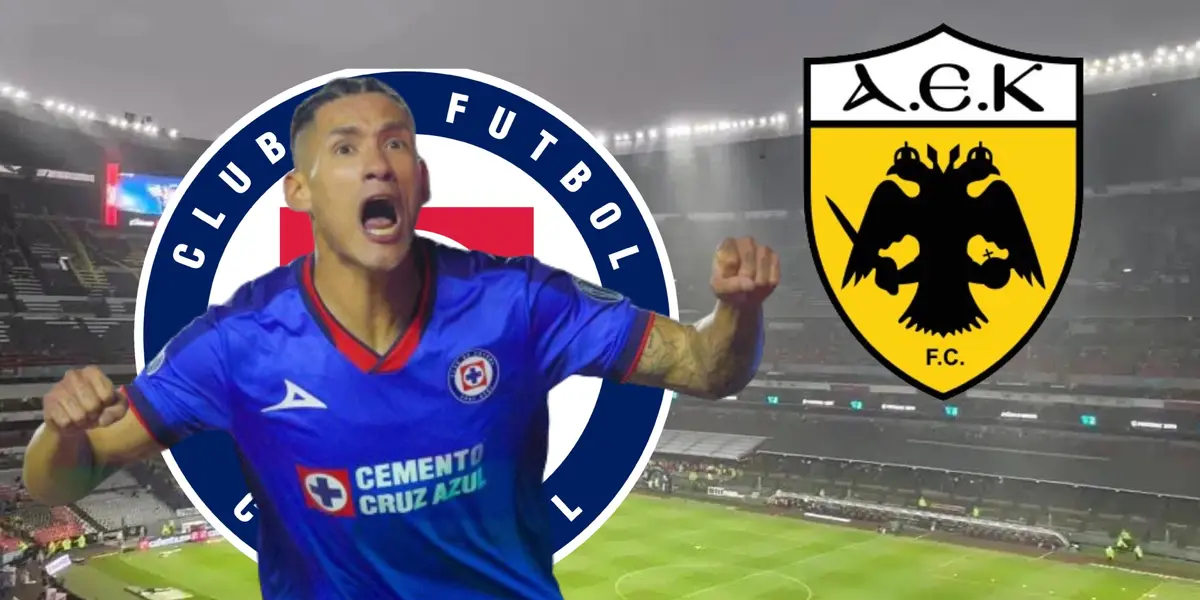 Antuna celebrando gol, logo de Cruz Azul y el AEK de Atenas/La Máquina Celeste