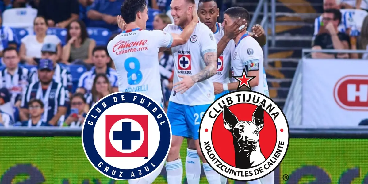 Cruz Azul celebrando gol, logos de Cruz Azul y Tijuana/La Máquina Celeste