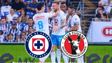 Cruz Azul celebrando gol, logos de Cruz Azul y Tijuana/La Máquina Celeste