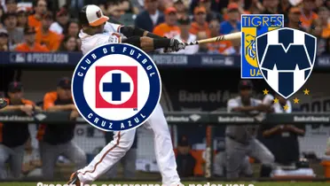 Cruz Azul el escudo, con un jugador de baseball golpeando a Monterrey y Tigres