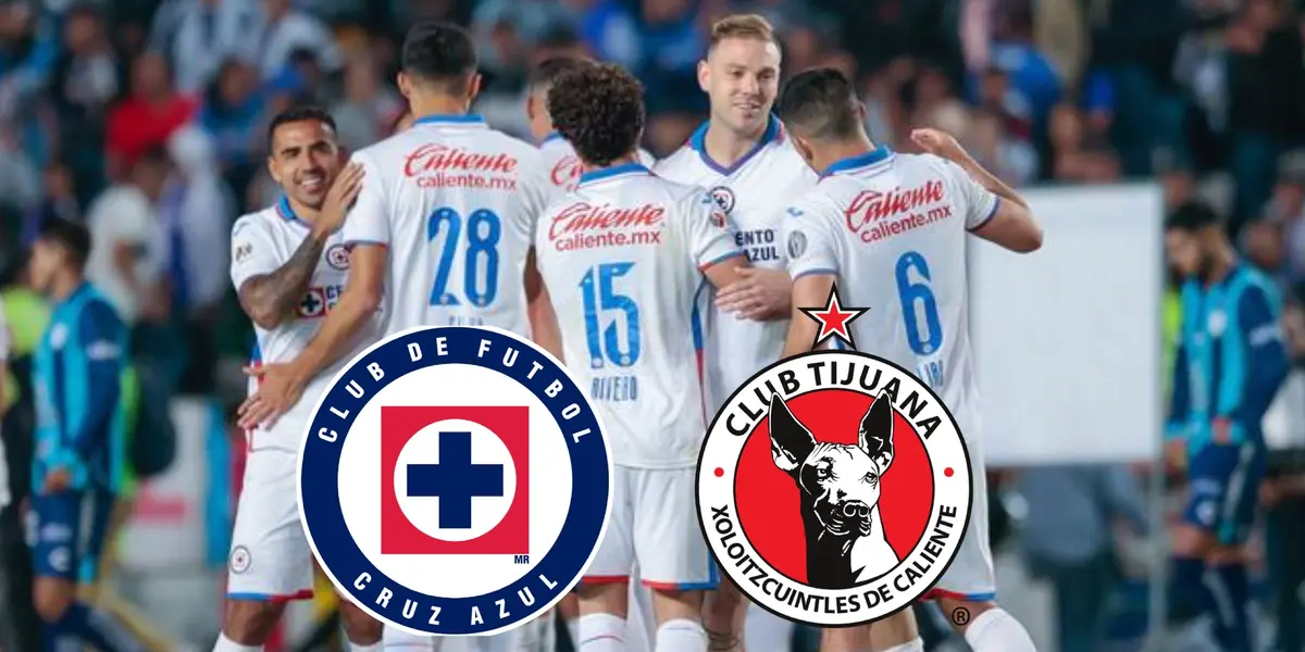 Equipo de Cruz Azul celebrando gol, escudos de Cruz Azul y Tijuana