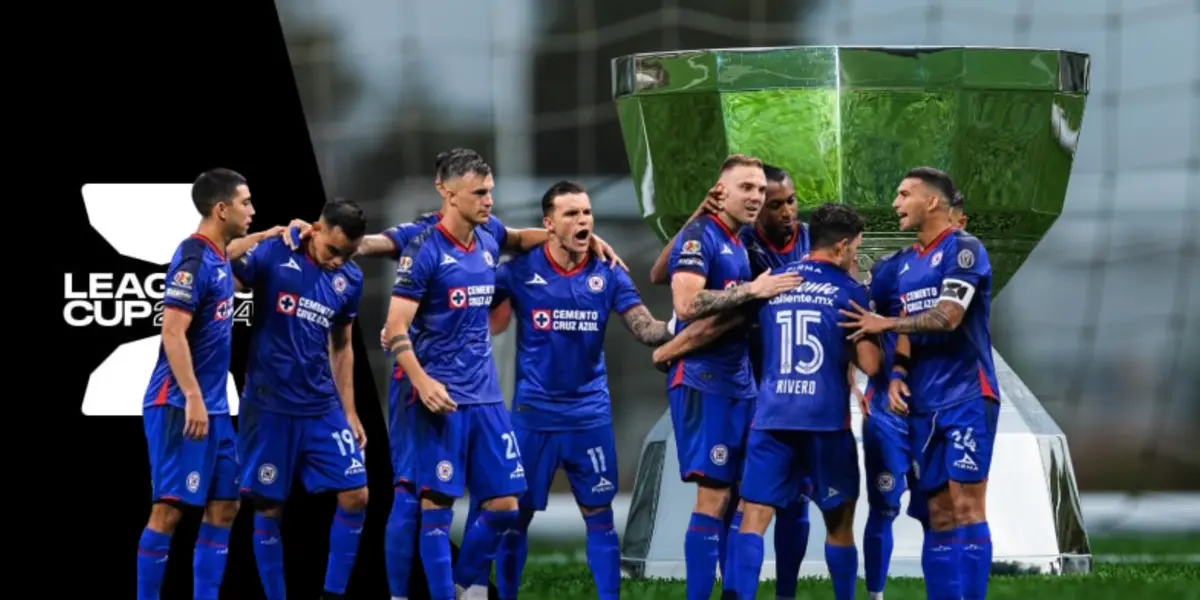 Equipo de la Máquina celebrando gol, fondo de la Leagues Cup/La Máquina Celeste