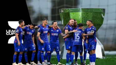 Equipo de la Máquina celebrando gol, fondo de la Leagues Cup/La Máquina Celeste