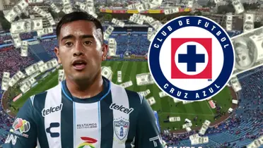 Erick Sánchez junto al escudo de Cruz Azul, en el Estadio de los Deportes/La Máquina Celeste