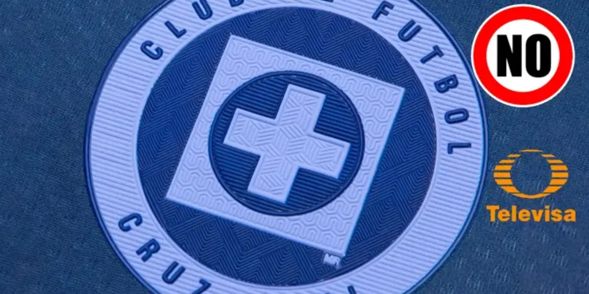 Escudo de Cruz Azul, a la izquierda letrero de no y logo de Televisa / Cruz Azul 