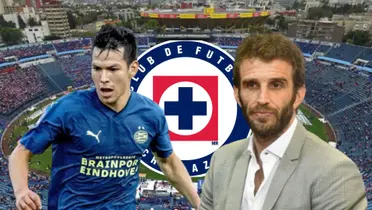 Iván Alonso junto a Hirving Lozano, de fondo el escudo de Cruz Azul