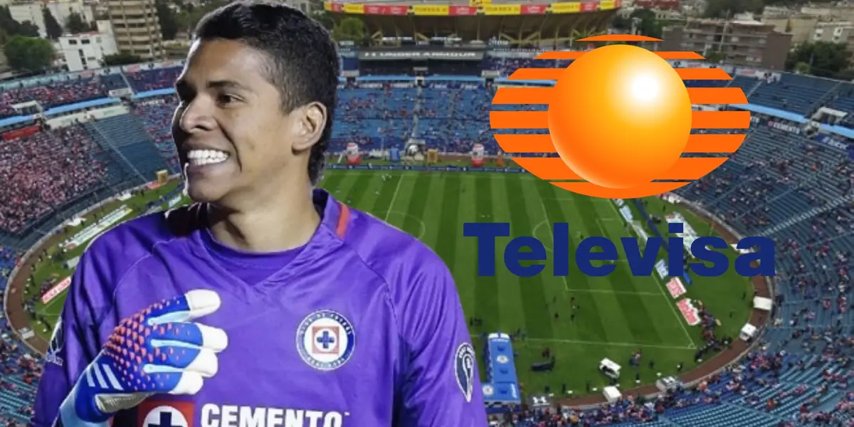 Kevin Mier en el Estadio Azul y el logo de Televisa