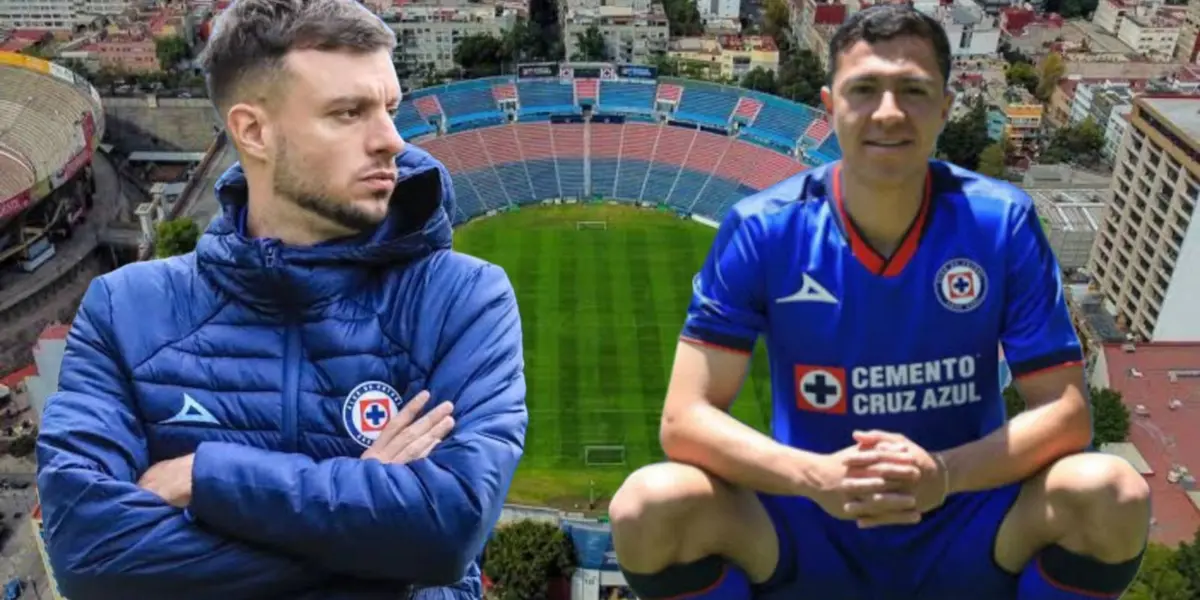 Martín Anselmi, Andrés Montaño y al fondo el Estadio Ciudad de los Deportes (Foto: X @CruzAzul)