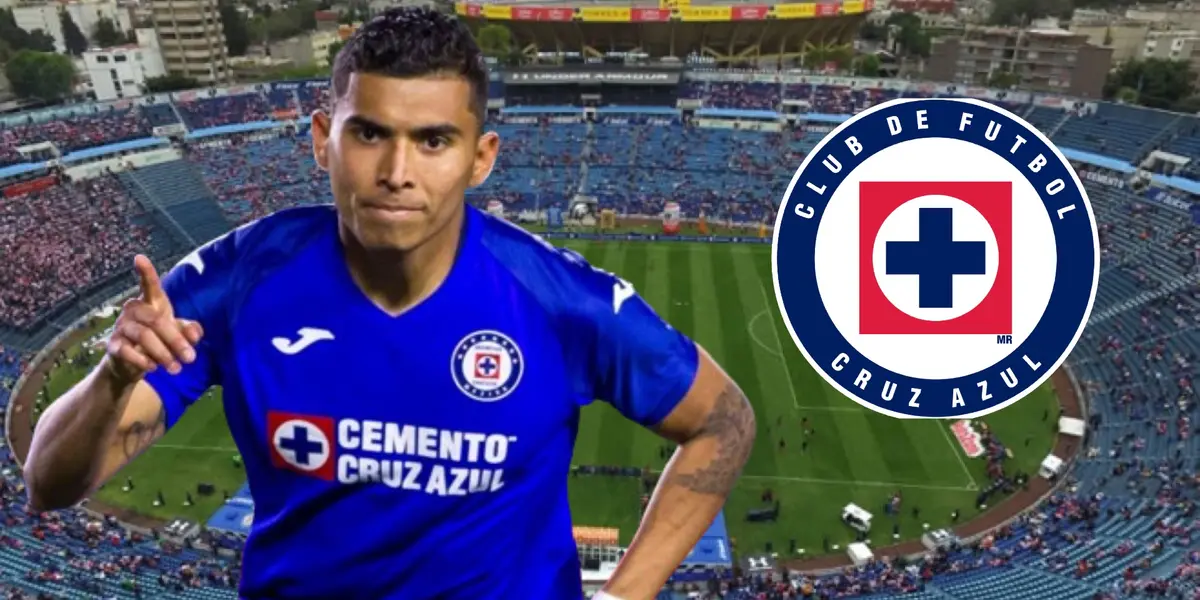 Orbelín Pineda en el Estadio Azul y escudo de Cruz Azul/La Máquina Celeste