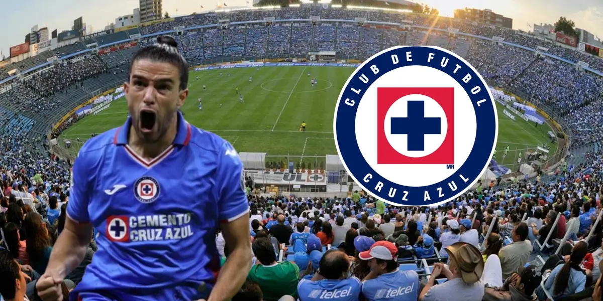 Rivero con el escudo de Cruz Azul y Estadio de los Deportes