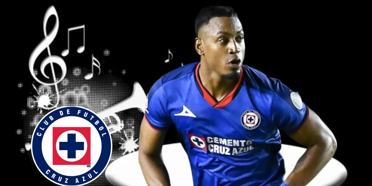 Willer Ditta, junto al escudo de Cruz Azul y de fondo notas musicales